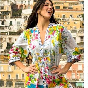 Antica Sartoria 2026 Floral Button-Front Tunic Dress in White Lemon & Pink flows